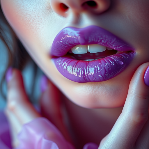 Enchanting lavender lips with a frosted finish, creating an otherworldly and ethereal look, captured in a dreamlike and surreal beauty photograph