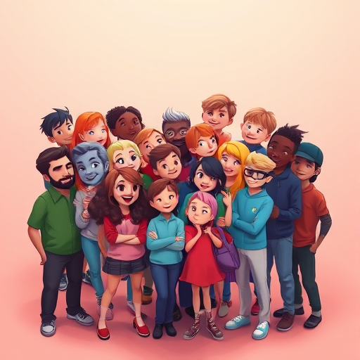 Create an illustration of a heart made up of diverse cartoon characters standing together, vibrant colors, soft focus, 50mm lens, f/2.8 aperture, overhead view, digital illustration style.