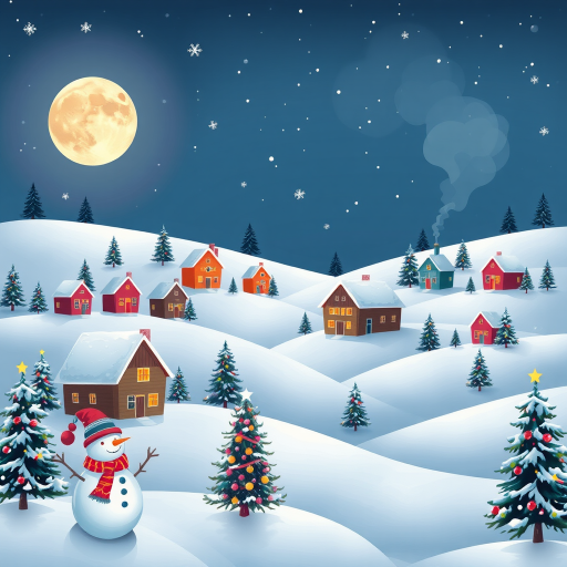 Generate a winter landscape scene featuring colorful houses nestled among snowy hills. Include cheerful snowmen wearing hats and scarves, decorated Christmas trees, and a bright full moon in the night sky. Add gentle snowflakes falling and a cozy smoke rising from the chimneys.