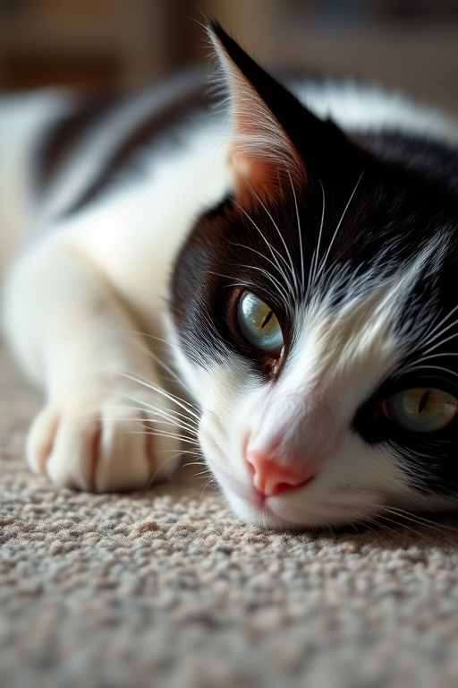 A close-up shot of a black and white cat lying on a textured carpet, soft natural lighting, f/2.8 aperture, 85mm lens, shallow depth of field, DSLR camera, capturing fine details and vibrant colors.