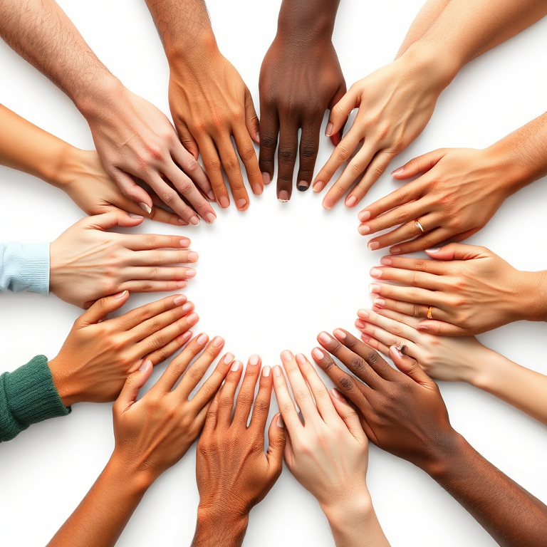 create an illustration of diverse hands forming a circular shape against a white background using a DSLR camera with a 50mm lens, f/2.8 aperture, ISO 100, 1/250 sec shutter speed for sharp detail and vibrant colors, with a focus on the textures and skin tones of the hands