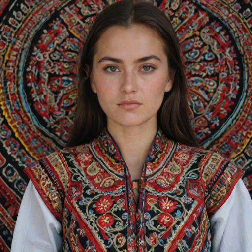 Face, shoulders, chest covered in openwork Tajik embroidery. Raw, unedited image.