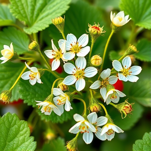 Create a high-resolution illustration of strawberry plants with white flowers and green leaves, using a macro lens to capture intricate details, shot at f/2.8, ISO 100, with natural lighting for vibrant colors and sharpness, in an artistic botanical style.