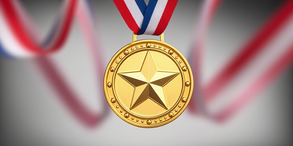 Create a high-resolution image of a gold medal with a star, featuring flowing red, white, and blue ribbons, captured with a DSLR camera at f/8 aperture, ISO 100, 50mm lens, with a shallow depth of field and soft focus background for enhanced visual quality.