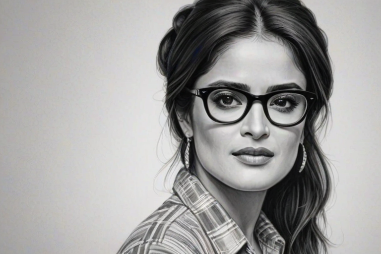 Pleasing Salma Hayek, pencil sketch, portrait of Sublime woman 1959s in glasses, hair style beatnik, outline, clear lines, fine lines, 8k