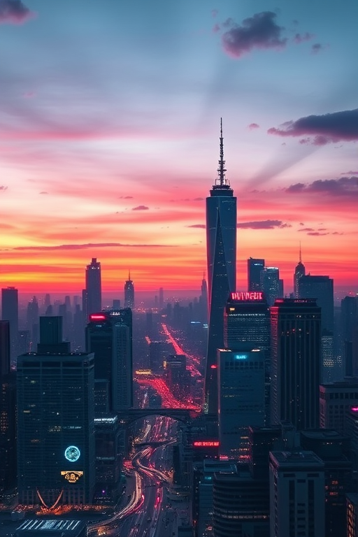 Create a high-resolution digital illustration of a futuristic city skyline at dusk with glowing neon lights, shot with a DSLR camera, aperture f/8, ISO 400, 24mm lens, using HDR style for enhanced detail and color saturation.