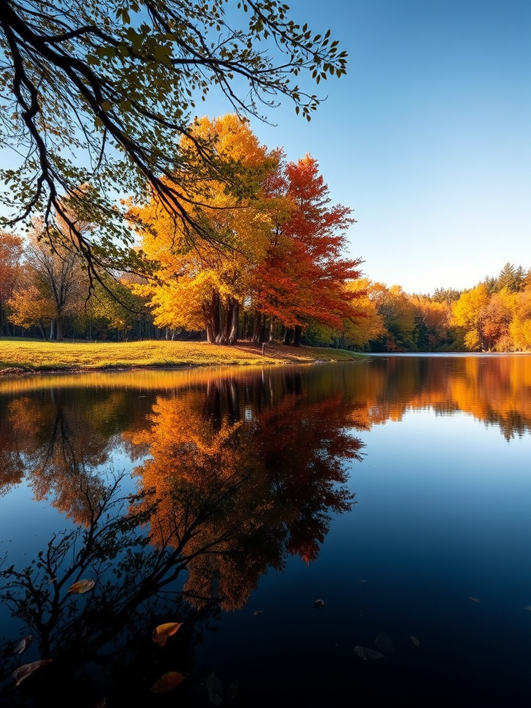 Generate an image of a tranquil lake reflecting colorful autumn trees, taken with a Canon EOS R5, f/8 aperture, 1/100 second shutter speed, ISO 100, shot from a low angle to capture the reflections, utilizing a wide-angle lens to enhance the scene's depth and maintain clarity.