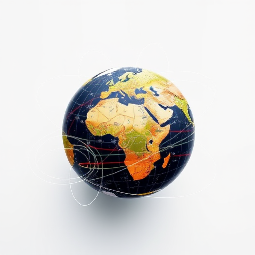 Generate an image of a globe with magnetic field lines emanating from it, using a Canon EOS 5D Mark IV, at f/8 aperture, ISO 100, 24mm lens, with a clean white background and high contrast for enhanced clarity.