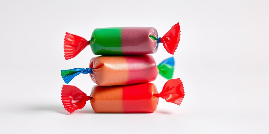Create a high-resolution image of three glossy, wrapped candies in vibrant red, green, and blue colors stacked vertically on a plain white background, using a DSLR camera with a 50mm lens, f/2.8 aperture, ISO 100, and natural soft lighting.