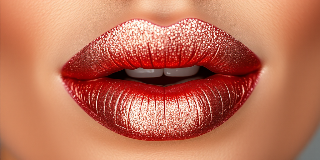 Shimmering rose gold lips dazzle in the "Metallic Muse" style, featuring a lustrous finish that catches the light with every movement, combining the warmth of pink and the luxury of gold to create a unique and eye-catching lip color that complements a wide range of skin tones and adds a touch of futuristic charm to any makeup look