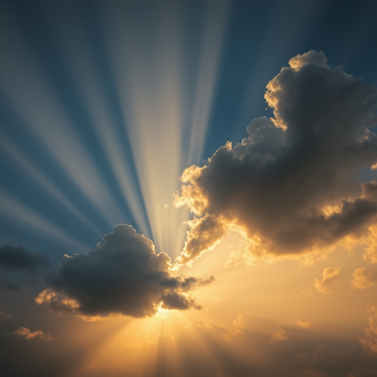 Capture a dramatic sunrise with rays of light breaking through clouds, using a DSLR camera at f/11, ISO 100, 1/125 sec, wide-angle lens, HDR style, and shoot from a low angle to emphasize the clouds and light.