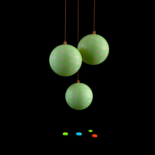Create an image of a dark background featuring two circular objects with green dotted patterns suspended above, with smaller colored circles nearby, captured with a DSLR camera at f/2.8 aperture, ISO 100, 50mm lens, and shot in macro mode to enhance details and focus.