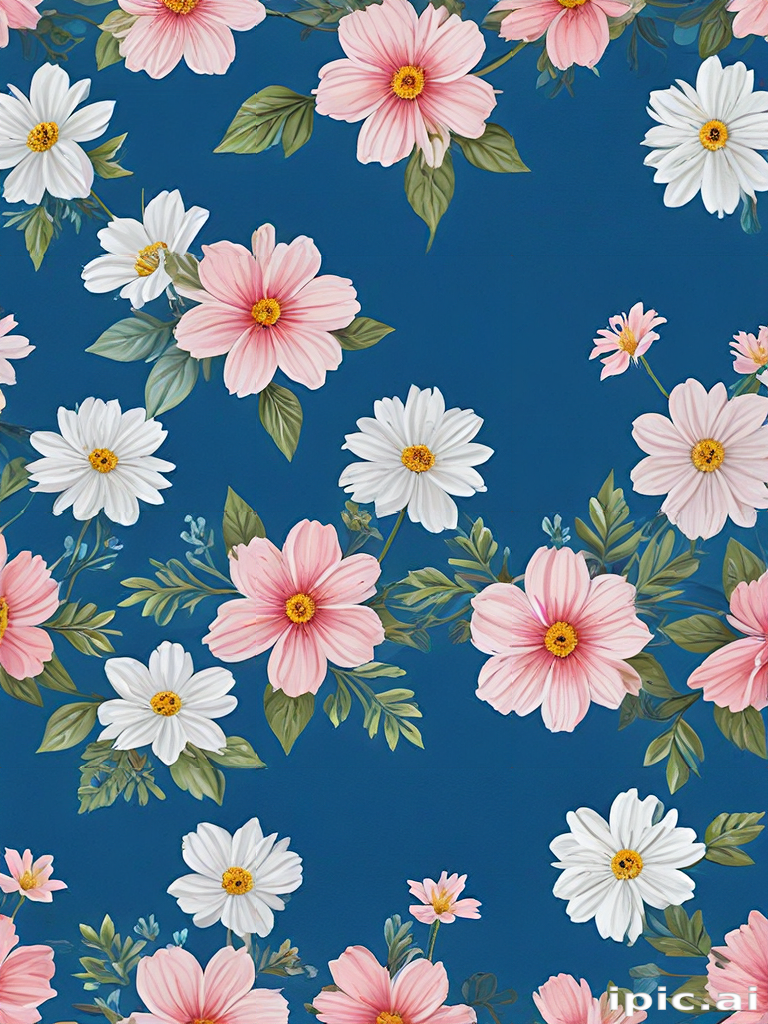 Vibrant Floral Pattern Featuring Pink and White Flowers on Blue Background