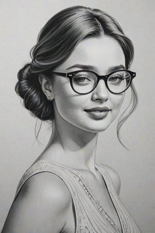 Graceful Miranda Kerr, pencil sketch, portrait of Fascinating woman 1920s in glasses, hair style beatnik, outline, clear lines, fine lines, 8k
