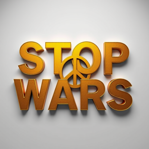 Create a high-resolution digital illustration of the text "STOP WARS" in bold, shiny gold letters with a peace symbol incorporated into the design, using a Canon EOS R5 camera with a 50mm lens, aperture set to f/2.8, shooting in a studio environment with softbox lighting for a clean and polished look.