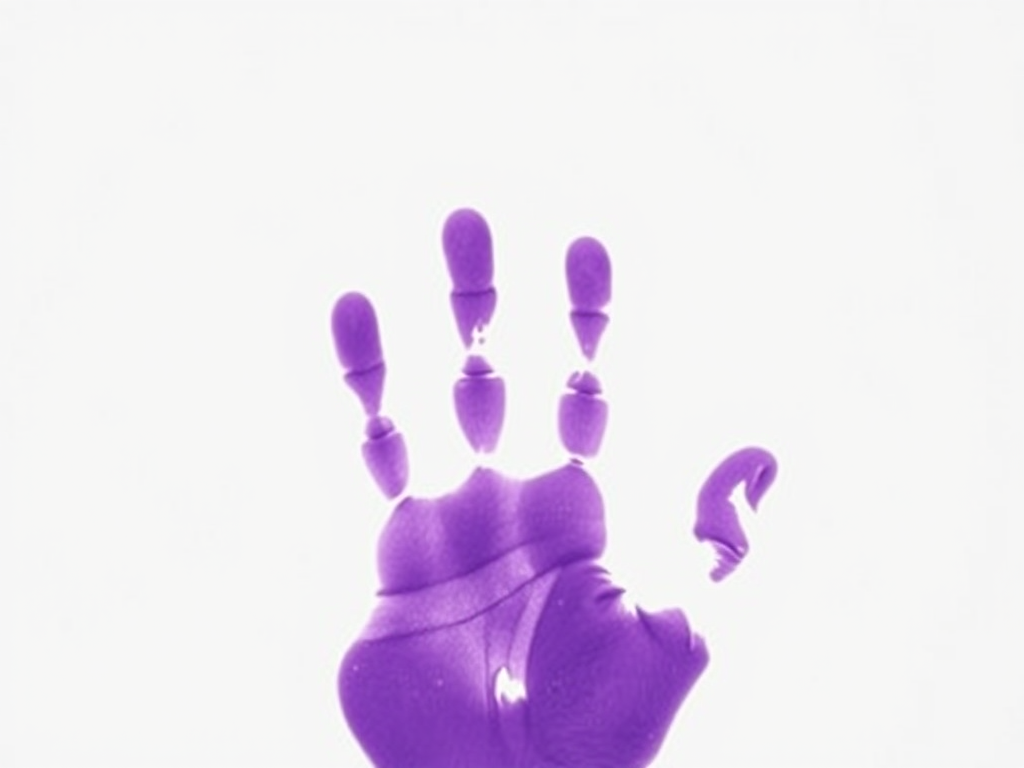 Create a high-resolution image of a purple handprint on a white background, shot with a Canon EOS 5D Mark IV, 50mm lens, aperture f/2.8, shutter speed 1/125s, ISO 100, top-down view, using a soft light setup for even illumination.