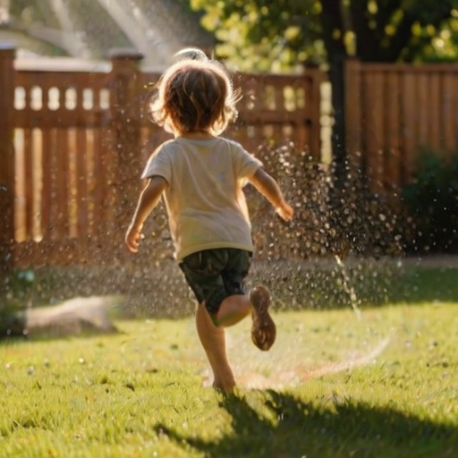 Blurry, candid shot of a child running through a sprinkler in a sunlit backyard, water droplets catching the golden afternoon light, with the soft outline of a wooden fence and trees in the background.