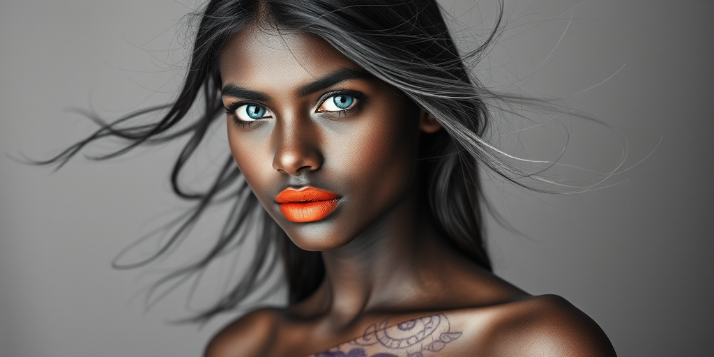 Photographic image of a beautiful young Hausa woman, cyan eyes, lips with orange lipstick, long hair fluttering in the wind and wearing a silk strapless dress with a soft purple and orange print. monochrome image with only color highlights in the iris of the eyes, lipstick and dress. Gray background.
