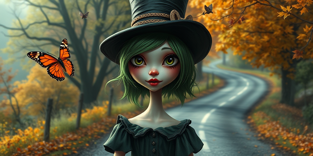 digital art fantasy depicting a strange girl with green hair, long eyelashes, red lipstick and a tall hat walking along a winding road on an autumn afternoon, an Butterfly smiles as she passes