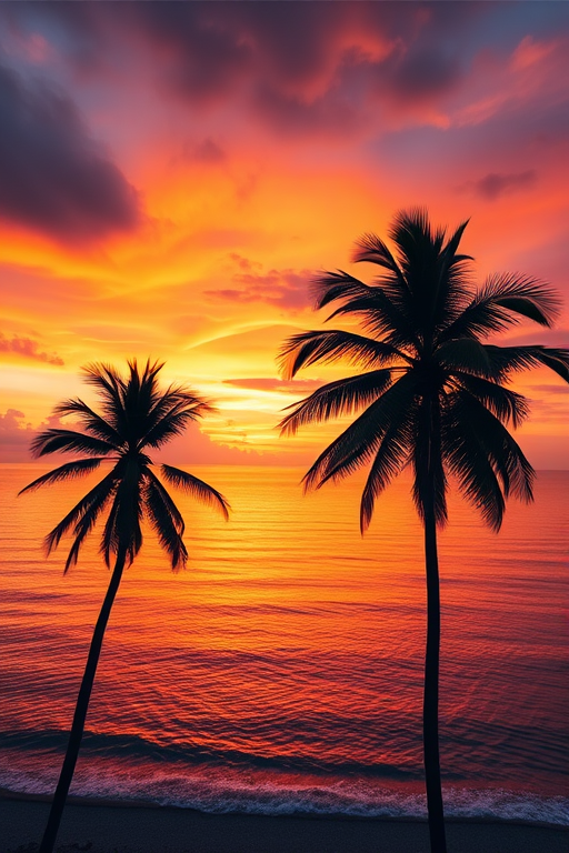 Create an image of a vibrant sunset over a calm ocean with palm trees silhouetted in the foreground, using a Canon EOS R5, 24mm lens, f/8 aperture, ISO 100, 1/200 sec shutter speed, captured from a low angle view to emphasize the sky and water reflection.
