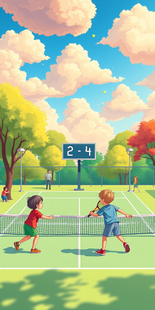 Colorful illustration of two children playing tennis in a bright park, with a scoreboard showing 2-4, vibrant clouds in the sky, high-resolution with soft focus, taken with a DSLR camera at f/2.8, ISO 100, 50mm lens, overhead view, natural lighting.