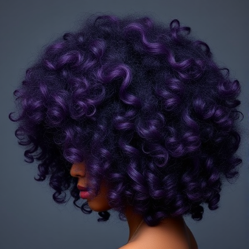 Voluminous curly afro dubbed "Midnight Majesty" showcases a rich array of deep purple hues interwoven with subtle silver strands, creating a regal and ethereal appearance