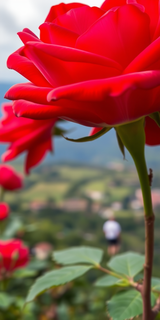 Capture a close-up of a vibrant red rose in full bloom with a blurred background of a scenic landscape, using a DSLR camera, aperture set to f/2.8 for a shallow depth of field, ISO 100 for clear detail, and a focal length of 50mm to emphasize the flower while softly fading the surroundings.