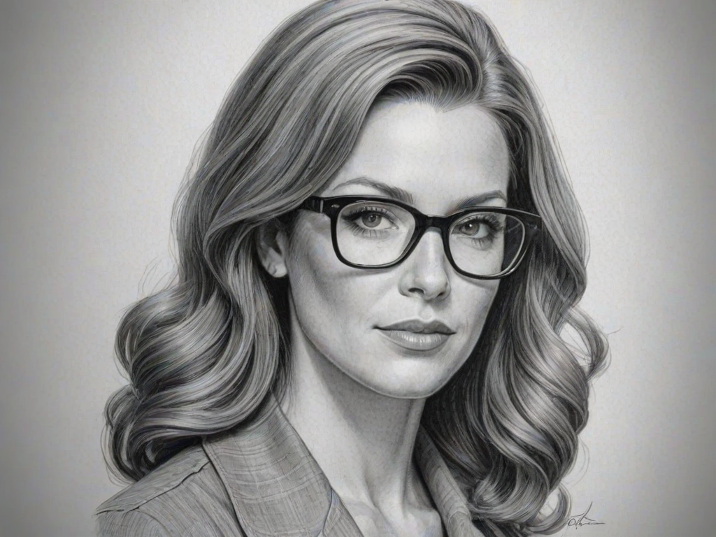 Magnificent Poppy Montgomery, pencil sketch, portrait of Fetching woman 1950s in glasses, hair style beatnik, outline, clear lines, fine lines, 8k