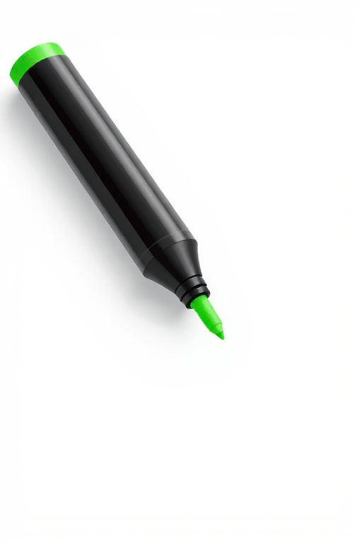 create a digital illustration of a black highlighter with a green tip and cap, placed on a white background