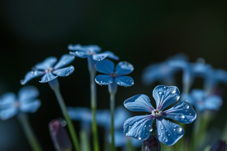 macro shot of dew-covered blue flowers with a blurred dark background, using a 50mm lens, f/2.8 aperture, ISO 100, 1/200 second exposure, natural light, DSLR camera