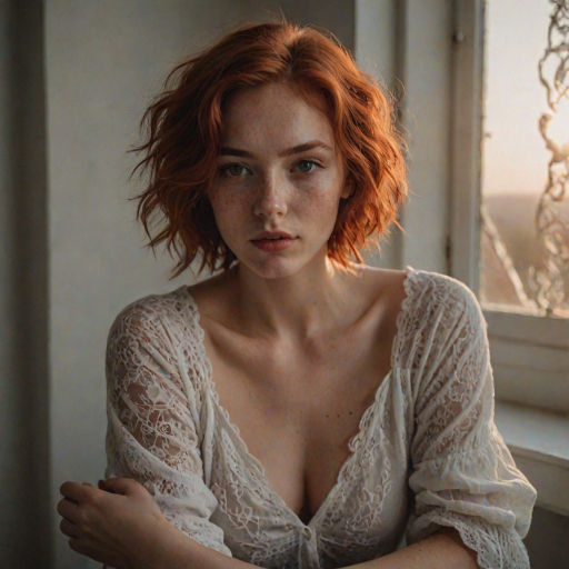 young woman, short messy red hair, light freckles, beautiful face, wearing a loose white cotton lace shirt ,  portrait photo,  posing for a picture in a chair with her hands in her lap, Ayshia Ta k n, parted lips, round cleavage, collarbone, bare shoulders, natural light, a portrait, art nouveau, sunset light through a window, darkly lit, shadows across face