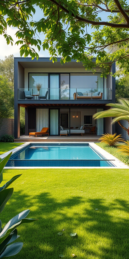 Create a high-resolution architectural rendering of a modern two-story house with a pool, surrounded by lush greenery, captured with a Canon EOS R5 at f/8, ISO 100, 24mm wide-angle lens from a slightly elevated angle to enhance perspective and detail.