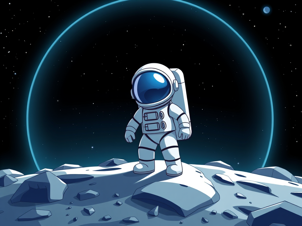 Create a highly detailed digital illustration of a cartoon astronaut standing on the moon with a black starry background, using a Canon EOS R5 with a 50mm f/1.2 lens, aperture set to f/2.8, ISO 100, and a wide-angle shot to enhance clarity and depth.