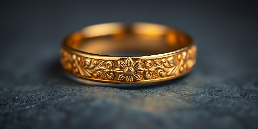 Create a high-resolution close-up image of a gold ring with intricate floral engravings, captured using a DSLR camera with a 50mm lens, aperture set to f/1.8, ISO 100, and a soft, diffused lighting setup to enhance reflections and details.