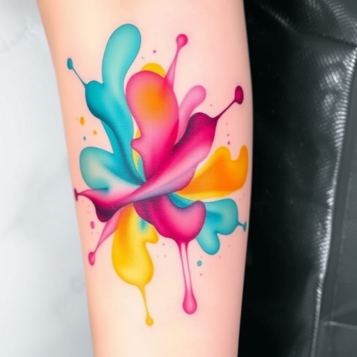 Vibrant watercolor splash tattoo named "Chromatic Symphony" featuring swirling hues of teal, magenta, and golden yellow blending seamlessly across the skin with delicate ink splatters and fine line accents