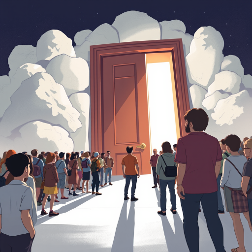 Create an illustration of a large group of people gathered in front of a giant, open door, depicting curiosity and anticipation, using a digital illustration style, shot from a low angle to emphasize the scale of the door, with a soft focus effect for depth, camera settings: f/8 aperture, ISO 100, 1/125 sec shutter speed.