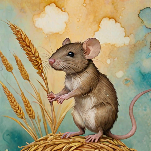 Soft, muted Alcohol Ink with ebru effect background image of tiny whimsical rat, who climbed high on the top of a golden rye ear.