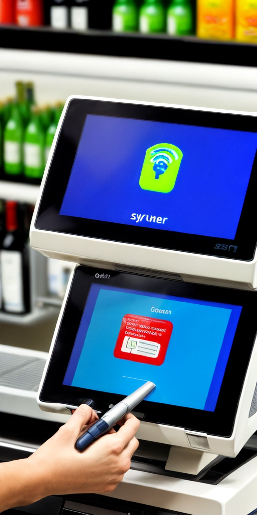 Using A Till at a supermarket a customer is using a self scan till to buy wine make ...