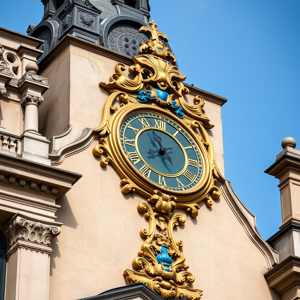 high-resolution image of an ornate clock on a historic building with golden and blue details, shot from a slightly elevated angle using a DSLR camera with a 50mm lens, aperture set to f/2.8 for a shallow depth of field, ISO 100 for clarity, and a shutter speed of 1/200s to capture fine details.