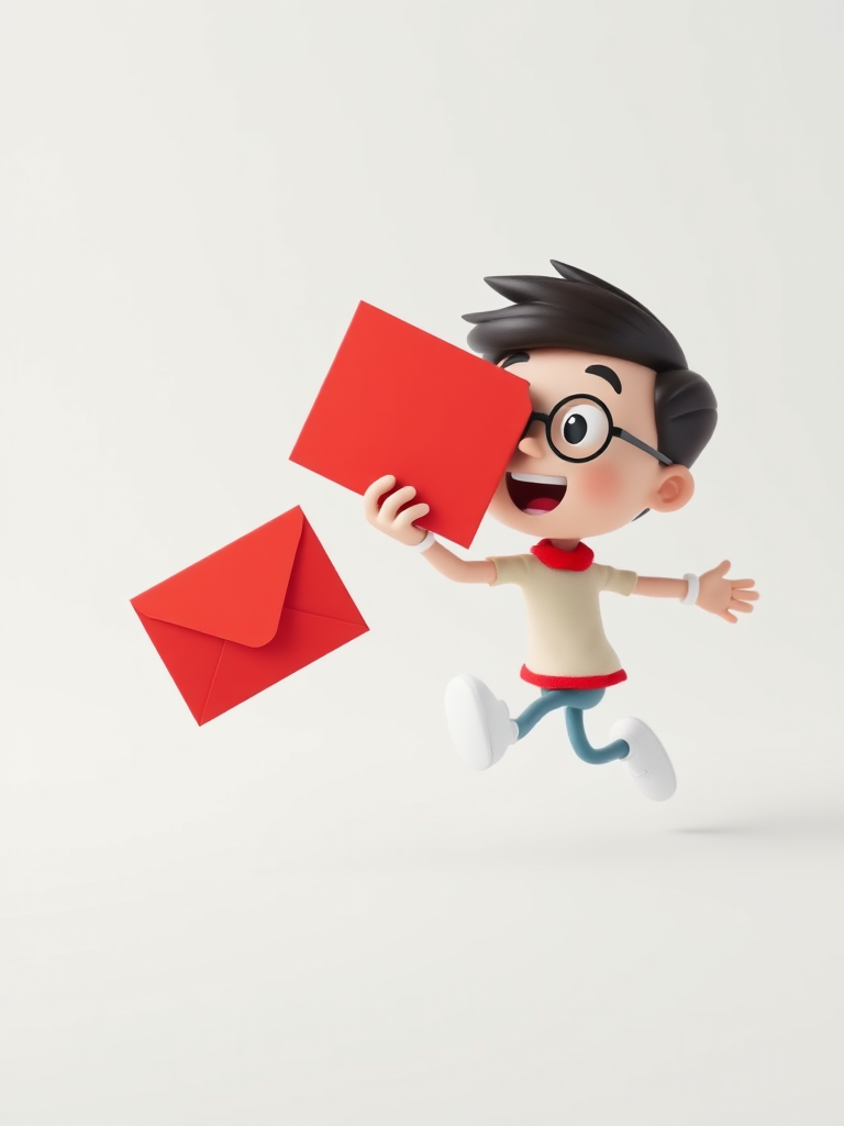 3D cartoon character running with a large red envelope in hand, white background, high detail, shallow depth of field, ISO 100, aperture f/2.8, 35mm lens, DSLR camera, soft lighting.