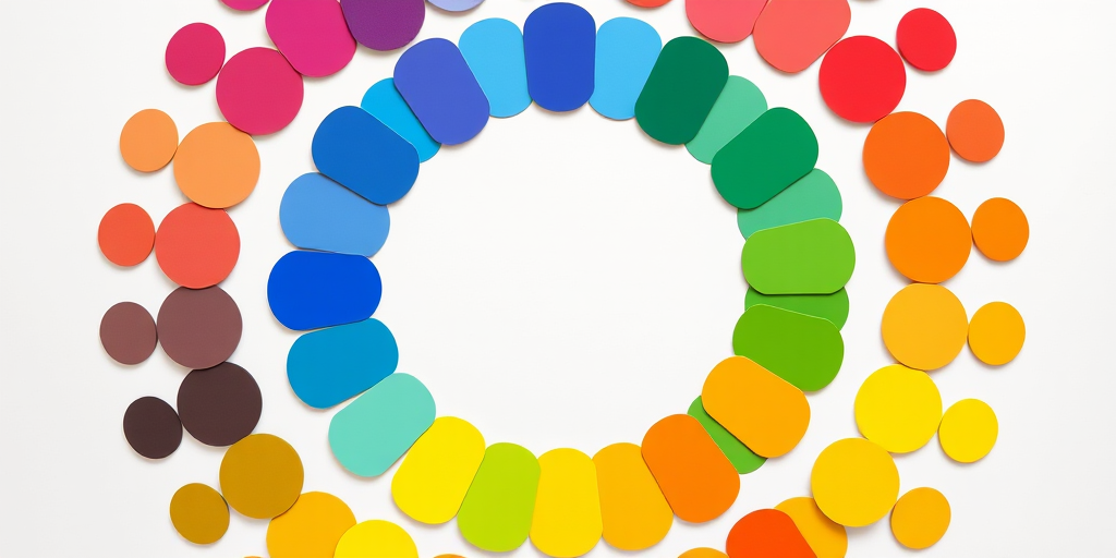 Create a vibrant color wheel with 48 evenly spaced circular color segments in a circular arrangement on a white background, using a Canon EOS R5 camera with a 50mm f/1.8 lens at ISO 100, aperture f/8, and a shutter speed of 1/125s for sharp details and rich colors.