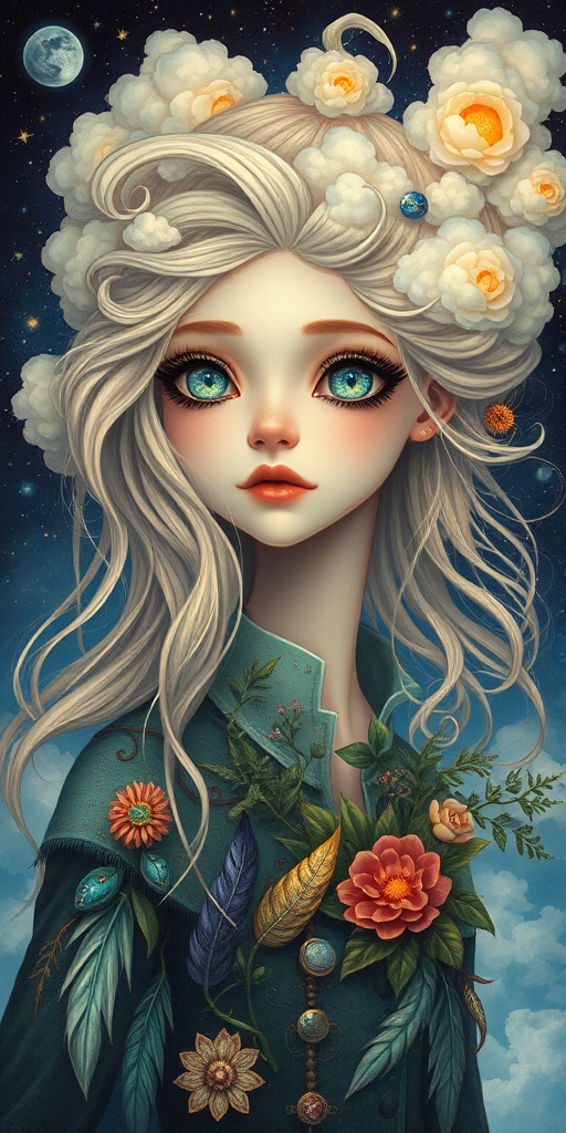 Create a series of imaginative portraits where each subject is infused with elements of fantasy and nature. The hair of the individuals should flow like clouds, varying from soft, fluffy cumulus to wispy cirrus strands, with hints of color reflecting a sunset or a clear blue sky. The eyes should be windows to entire galaxies, with stars, nebulae, and distant planets visible within them. Clothing should be adorned with nature motifs, such as floral patterns that bloom and change, vines that seem to grow and wrap around, or feathers that shimmer with iridescence. Each portrait should capture a unique personality, blending human features with the ethereal beauty of the natural and cosmic world. The backgrounds can vary, from starry night skies to enchanted forests, adding depth and context to the magical realism of the portraits