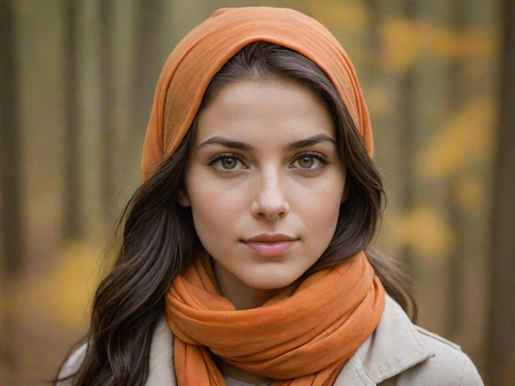 Create a portrait of a young Caucasian woman with long, dark hair and captivating hazel eyes. She is wearing a orange headscarf and a matching scarf draped gracefully around her neck. The background is softly blurred, focusing attention on her serene and natural expression. The overall color palette is muted and warm, enhancing the intimate and authentic feel of the portrait.
