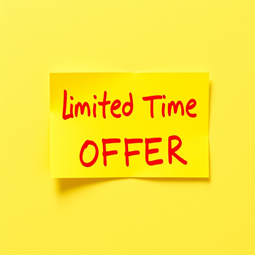 Create a vibrant yellow sticky note with the text "Limited Time Offer" in bold, red letters, captured in high resolution with a DSLR camera using a 50mm lens, f/1.8 aperture, 1/200s shutter speed, and natural lighting for enhanced contrast and clarity.