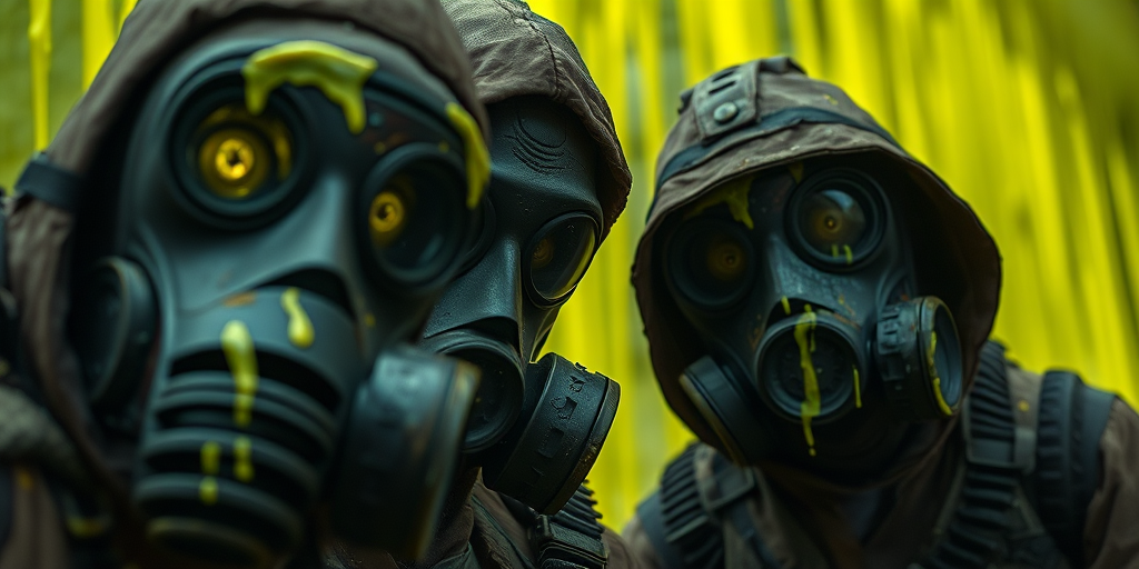 Create a gritty, post-apocalyptic scene featuring characters in gas masks with intricate details, glowing eyes, and a background of dripping yellow-green sludge, captured with a DSLR camera using a 35mm lens, f/2.8 aperture, ISO 100, and a low angle view to enhance depth and drama.