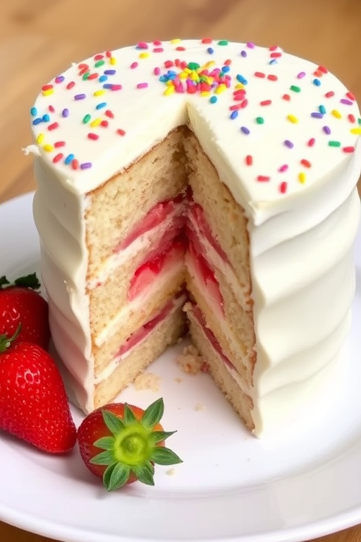 A delicious layered cake with a creamy white frosting and colorful sprinkles on top served on a white plate with a slice cut out revealing strawberry and vanilla layers accompanied by fresh strawberries on the side.