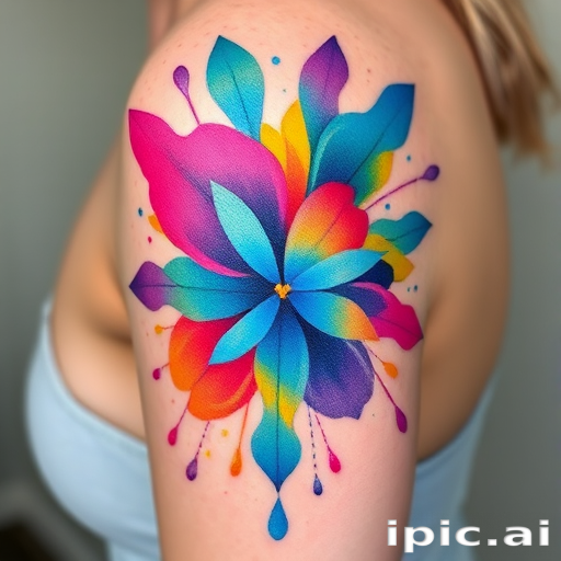 Vibrant watercolor tattoo named "Spectrum Splash" featuring a kaleidoscope of vivid hues blending seamlessly across the skin creating an abstract masterpiece with fluid brushstrokes and ethereal gradients