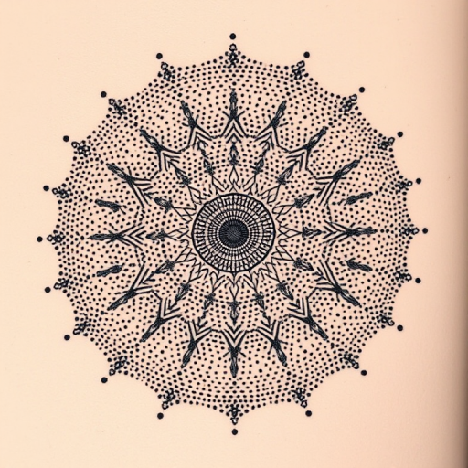 Dotwork mandala tattoo titled "Cosmic Harmony" showcasing an intricate circular pattern composed entirely of tiny dots, creating a mesmerizing optical illusion of movement and depth, with gradually increasing dot density towards the center