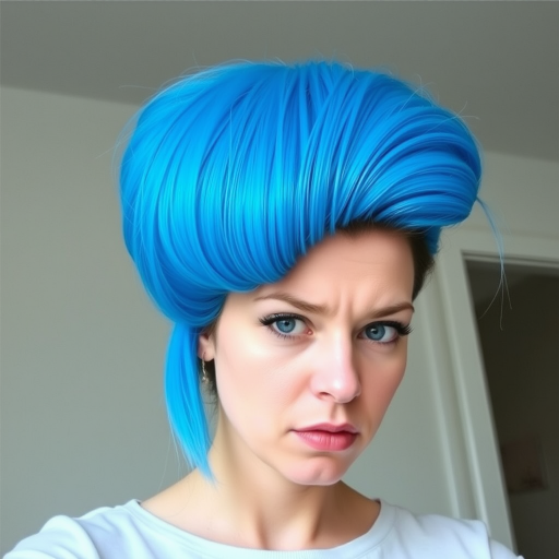Image of a woman with their hair styled upright,  in a cylinder shape. The hair  color is neon blue and appears to be held in place by a hair product, giving it a fluffy texture. The background is nondescript, and the person's face is looking at the viewer nervously.