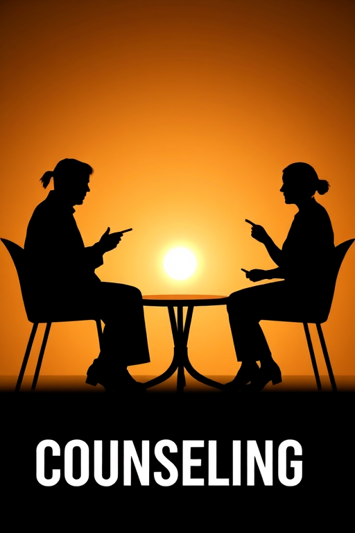 Create a high-resolution image of three silhouetted figures engaged in a counseling session, with the word "COUNSELING" in bold, modern typography beneath them, shot with a DSLR camera at f/2.8 aperture, 50mm lens, ISO 100, and with soft lighting to enhance clarity and depth.